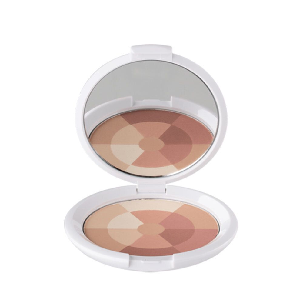 Boîtier cosmétique blanc ouvert avec miroir et poudre multicolore.