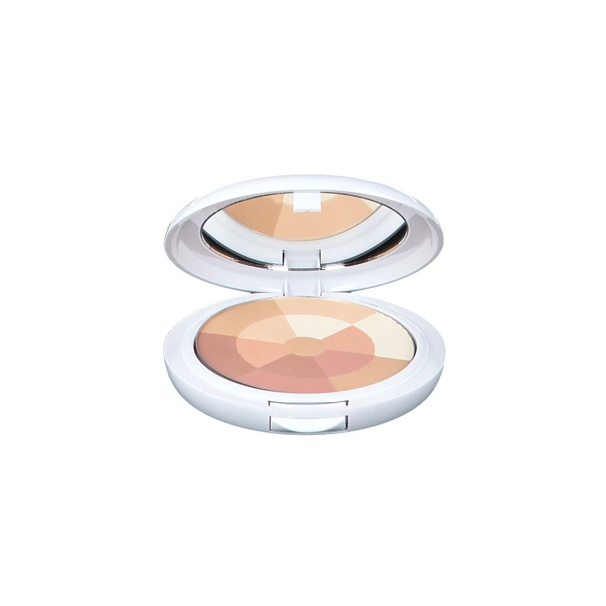 Boîtier cosmétique blanc ouvert avec miroir et poudre multicolore.