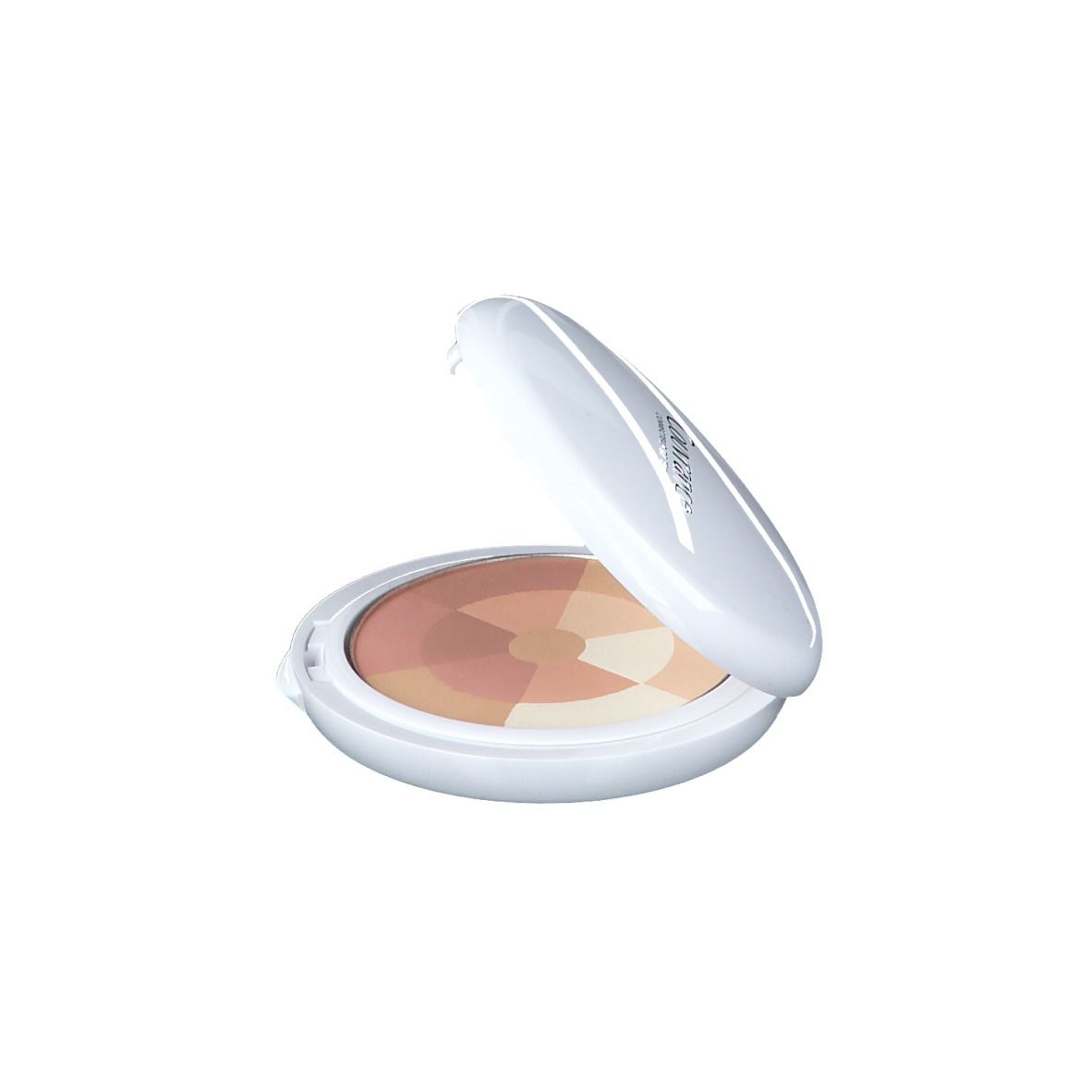 Boîtier cosmétique blanc ouvert avec miroir et poudre multicolore.