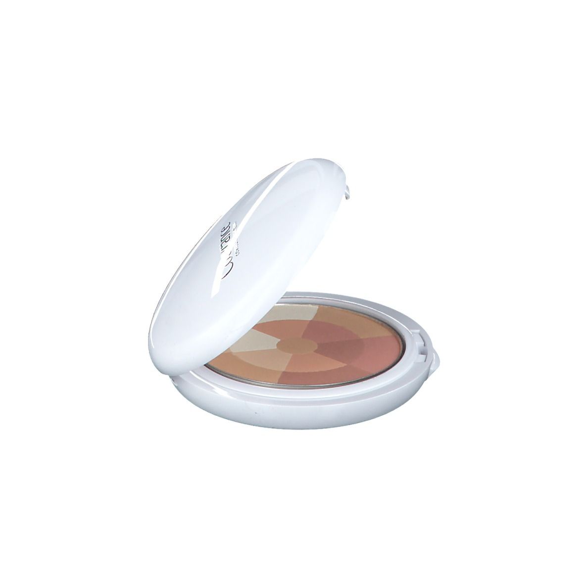 Boîtier cosmétique blanc ouvert avec miroir et poudre multicolore.