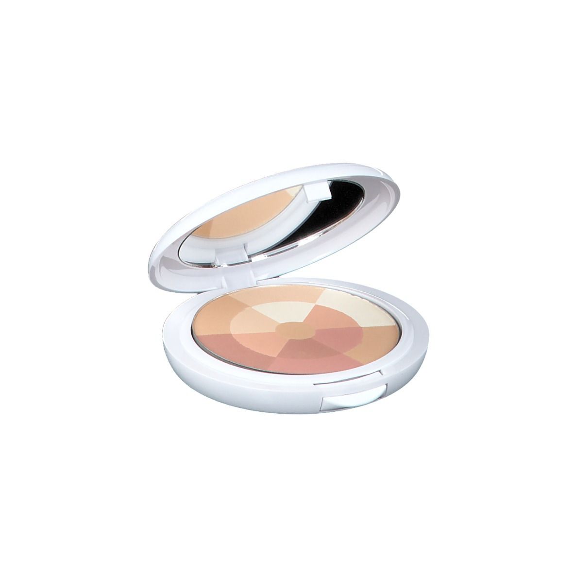 Boîtier cosmétique blanc ouvert avec miroir et poudre multicolore.