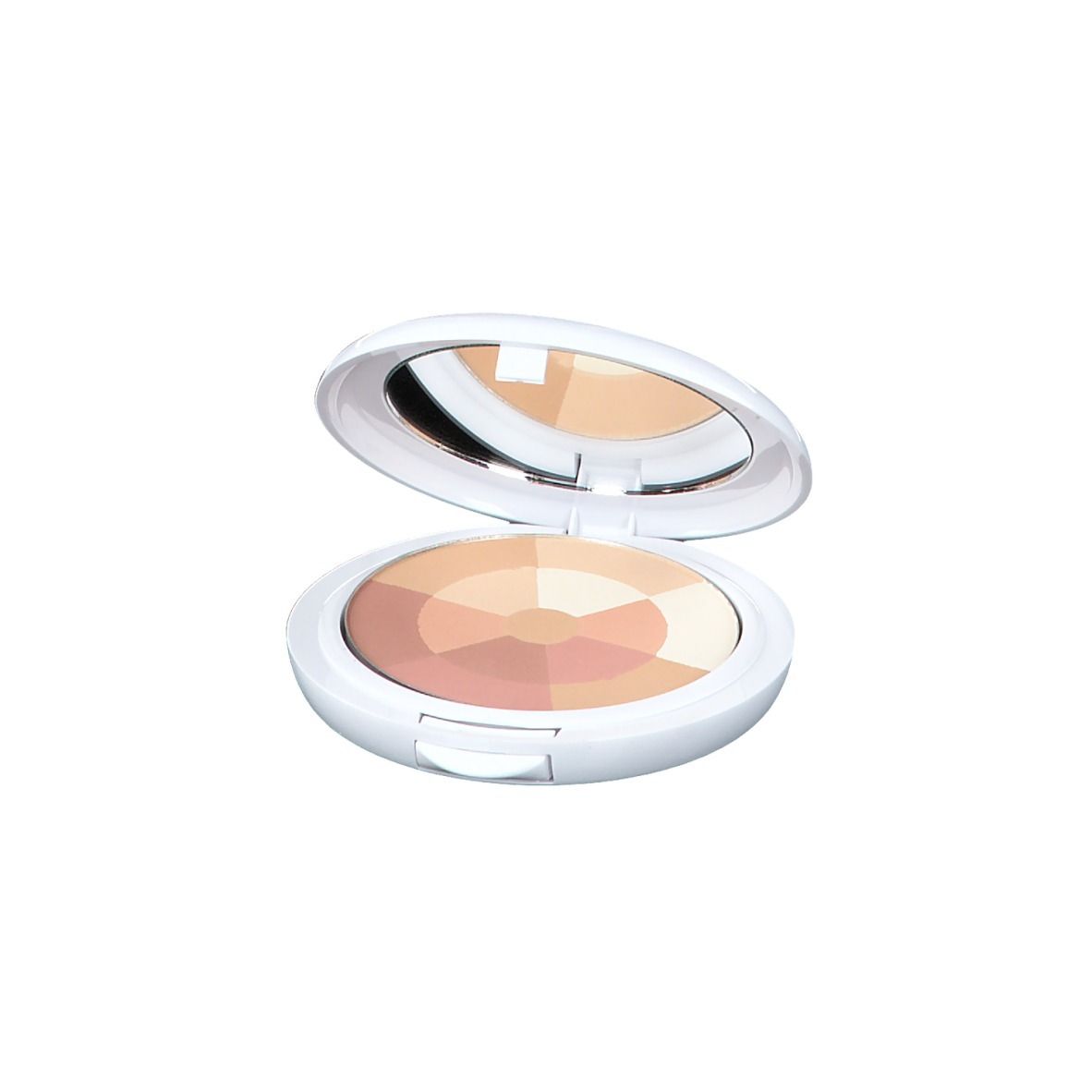 Boîtier cosmétique blanc ouvert avec miroir et poudre multicolore.