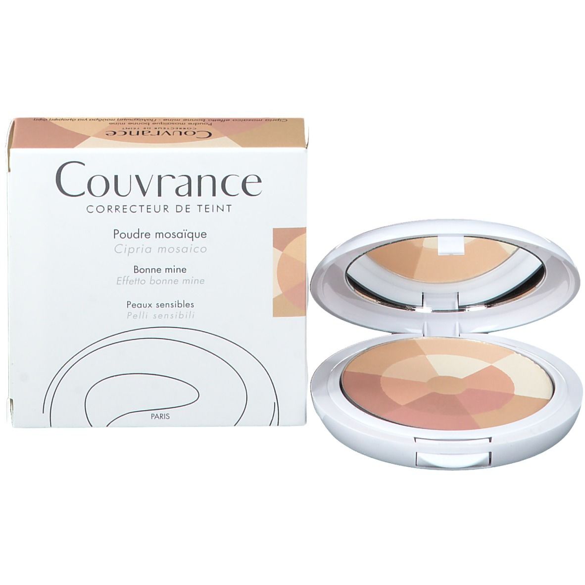 Emballage cosmétique et boîtier cosmétique avec poudre multicolore.