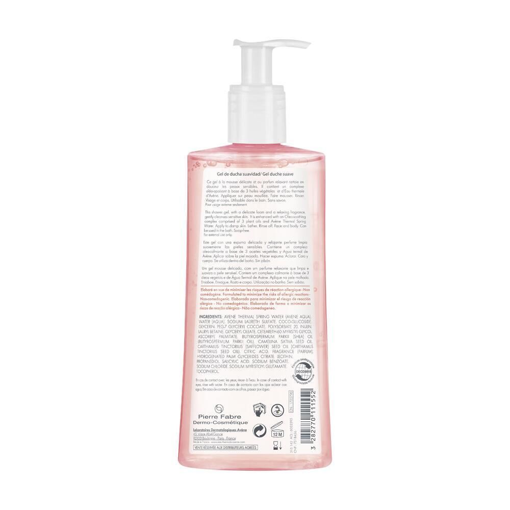 Retro del flacone di sapone liquido rosa. Testo e simboli. Ingredienti e informazioni del produttore.