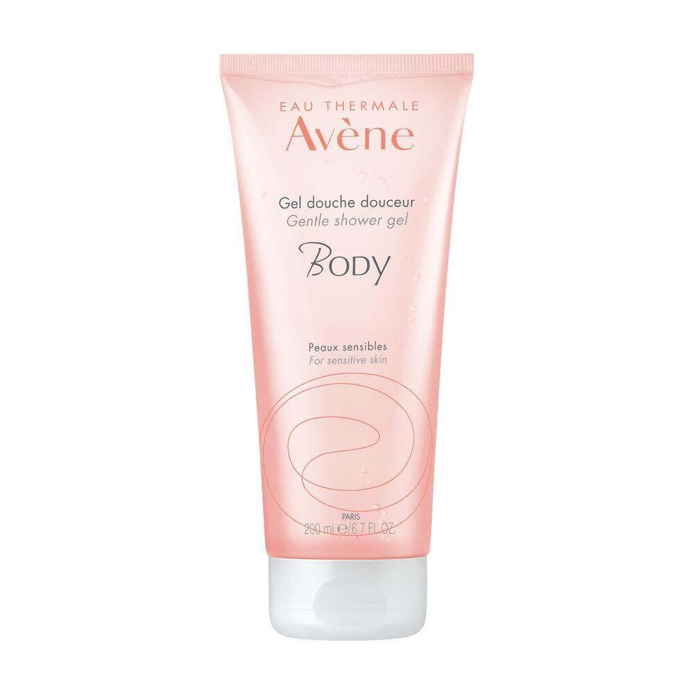 Rosa Tube mit weißem Verschluss. Aufschrift: Avène, Gel douche douceur, Body, Peaux sensibles.