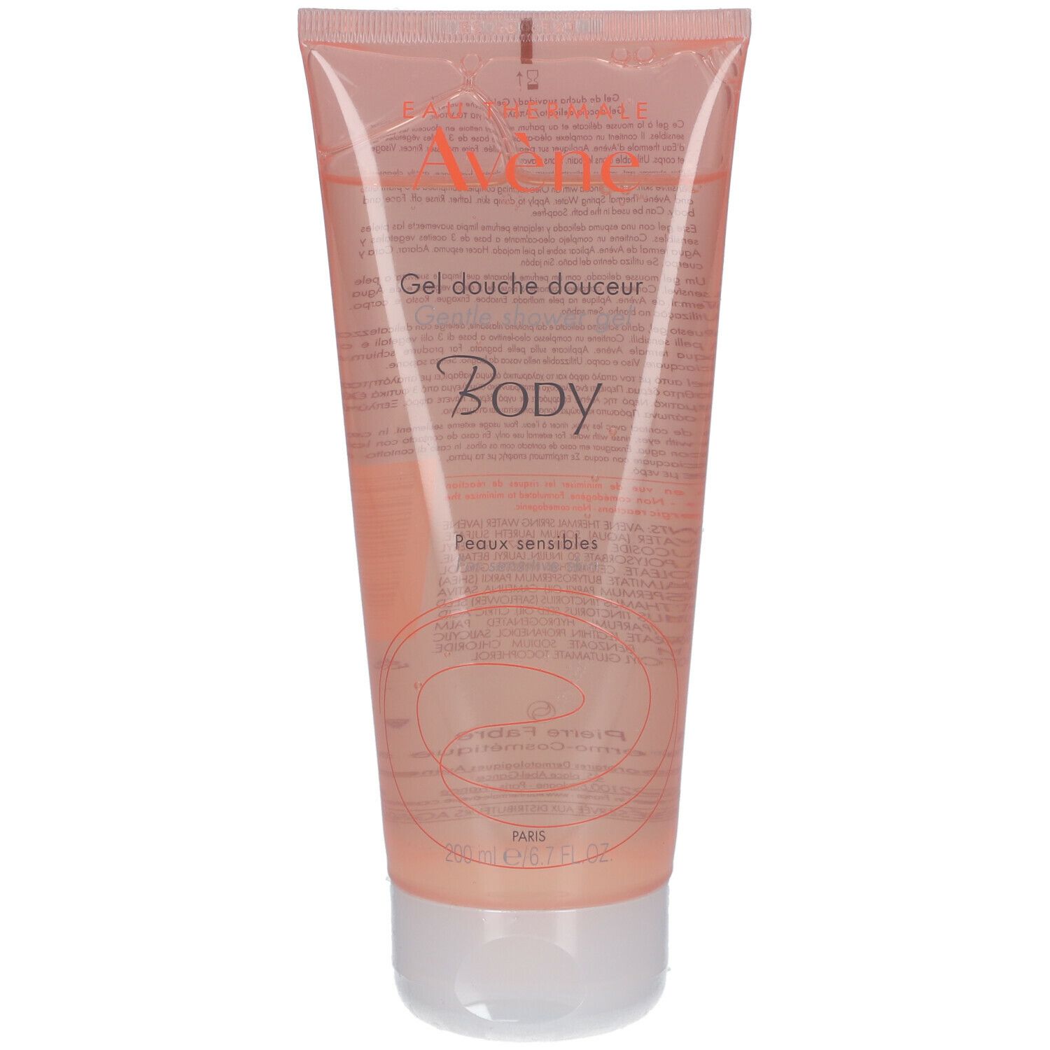 Rosa Tube mit weißem Verschluss. Aufschrift: Avène, Gel douche douceur, Body, Peaux sensibles.