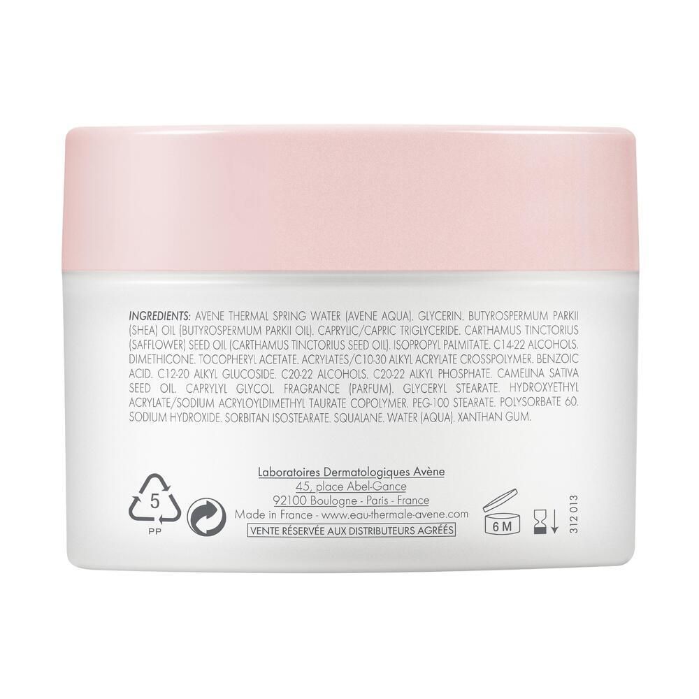 Retro del vasetto. Coperchio rosa, contenitore bianco. Testo: Ingredienti, Laboratoires Dermatologiques Avène, simbolo 6M.