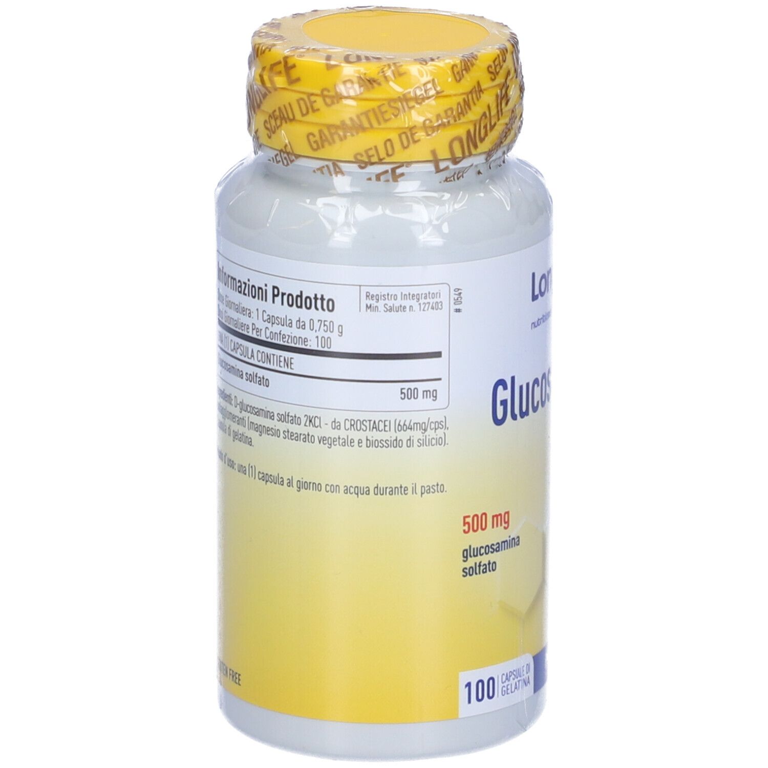Rückseite einer LongLife Glucosamine S Kapseldose mit Produktinformationen.