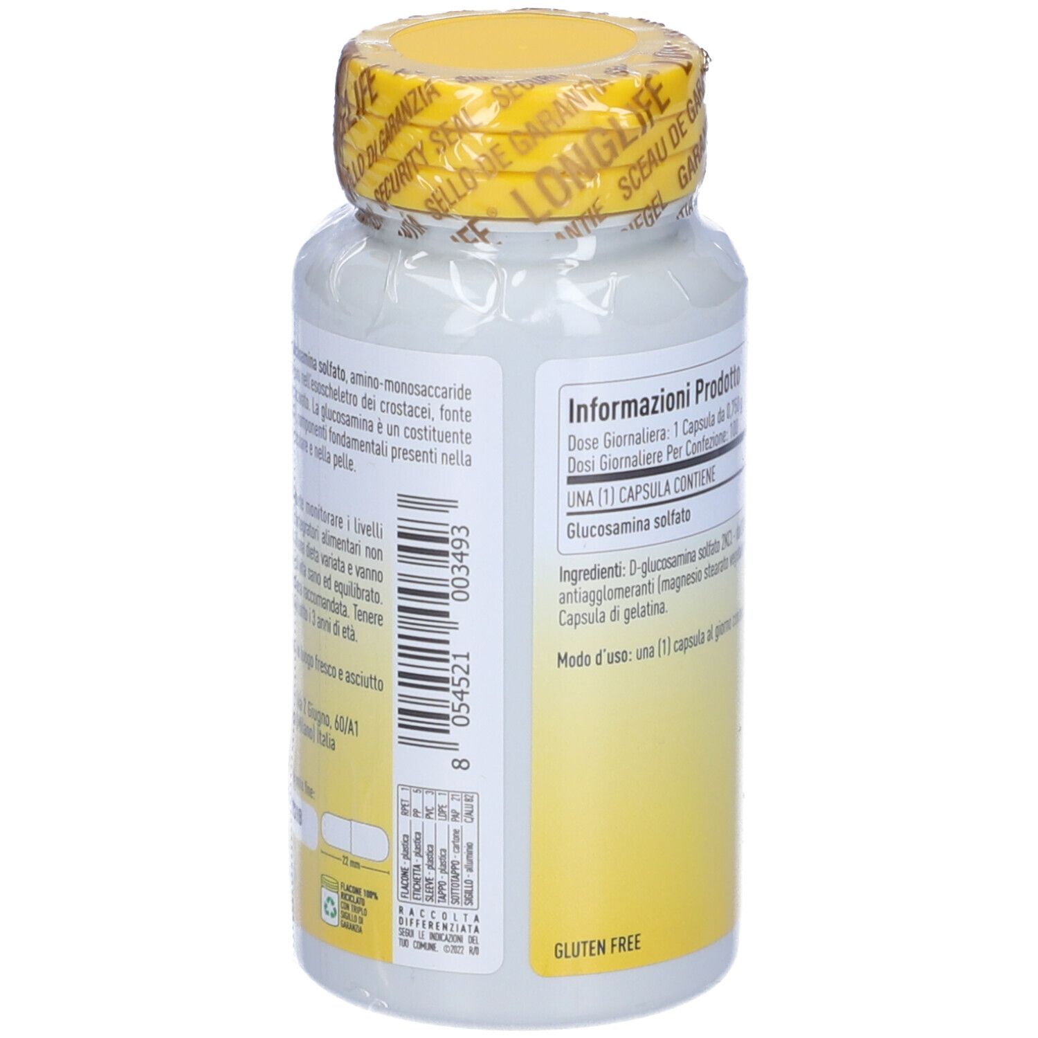 Rückseite einer LongLife Glucosamine S Kapseldose mit Barcode und Informationen.