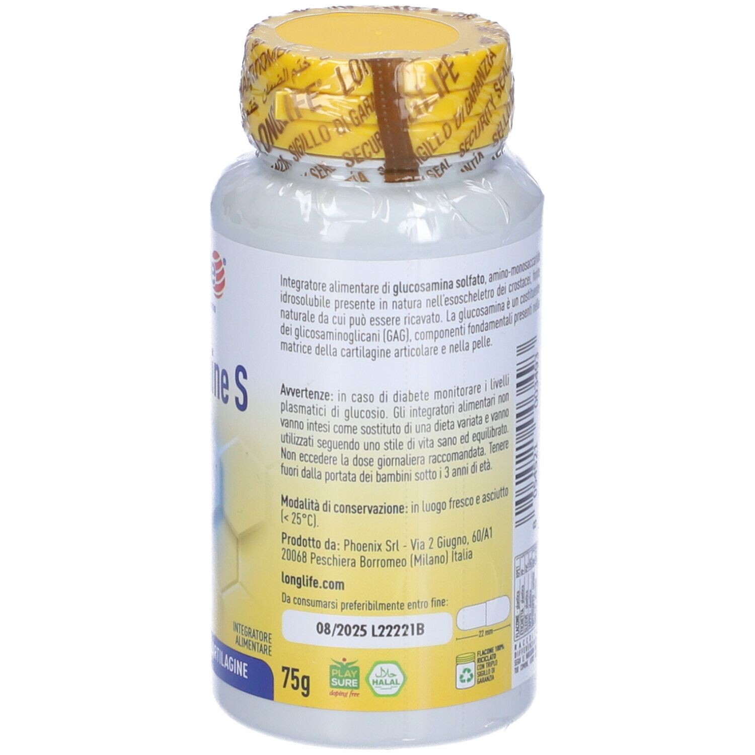 Rückseite einer LongLife Glucosamine S Kapseldose mit Siegeln und Informationen.