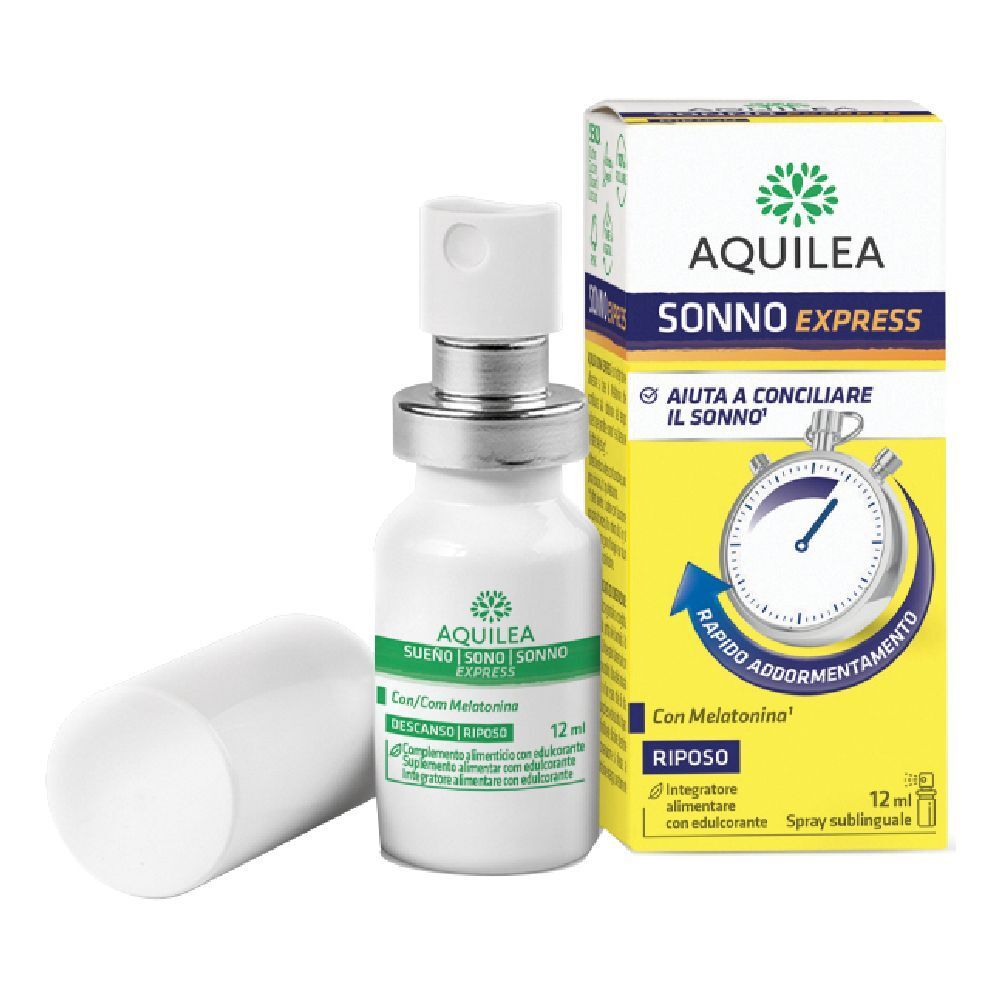 Flacone spray AQUILEA Sonno Express e confezione. Flacone bianco con etichetta verde. Confezione giallo-bianca con nome e logo del prodotto.