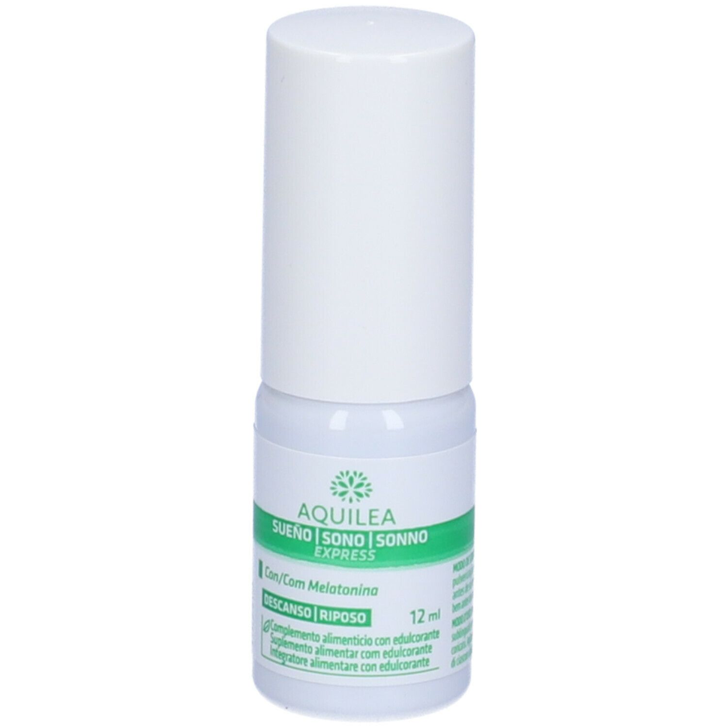 Flacone spray AQUILEA Sonno Express. Flacone bianco con etichetta verde. Tappo bianco. Nome e logo del prodotto sull'etichetta.