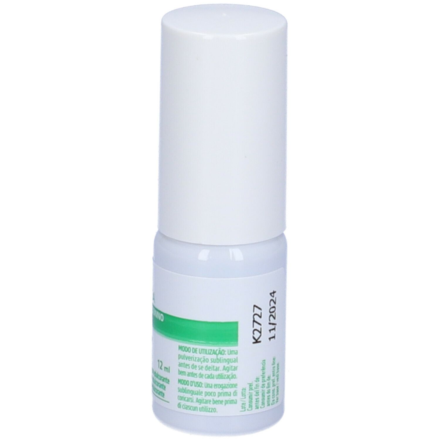 Flacone spray AQUILEA Sonno Express. Flacone bianco con etichetta verde. Tappo bianco. Nome e logo del prodotto sull'etichetta.