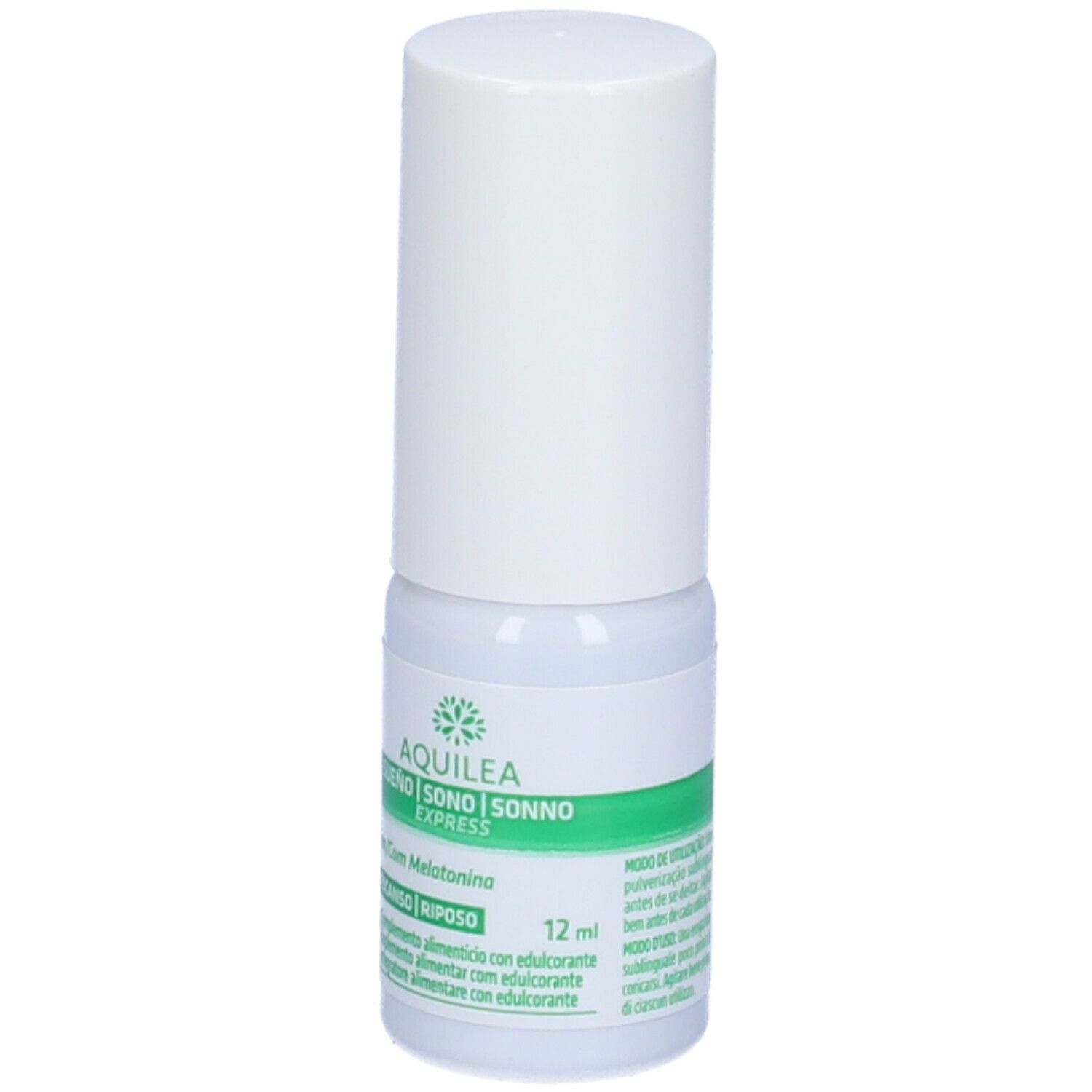 Flacone spray AQUILEA Sonno Express. Flacone bianco con etichetta verde. Tappo bianco. Nome e logo del prodotto sull'etichetta.