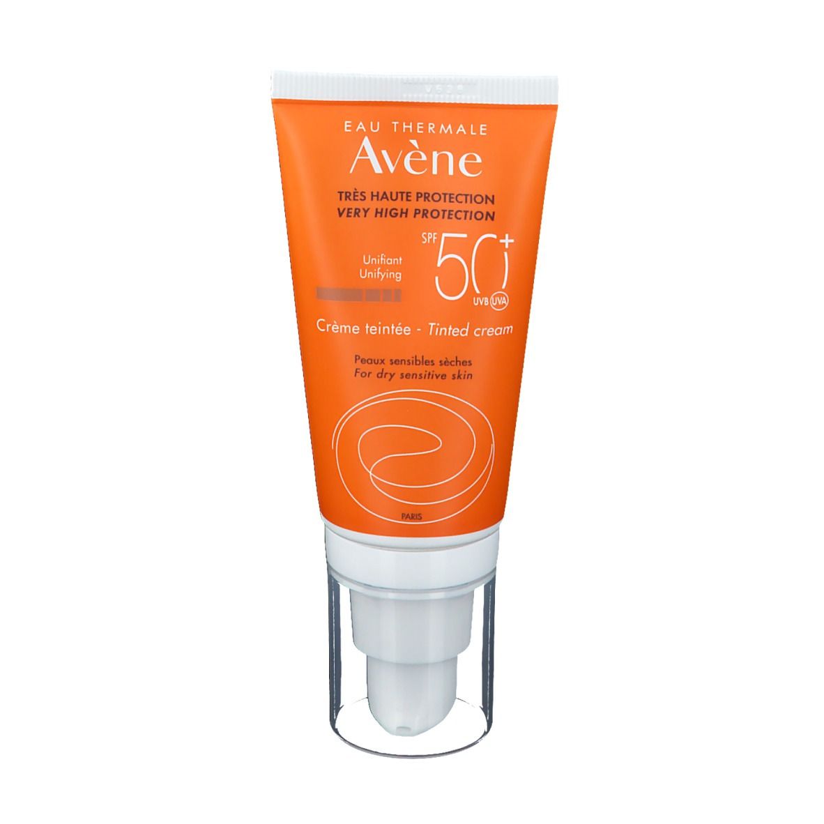 Tubo arancione con tappo bianco. Scritta: Eau Thermale Avène, crema colorata SPF 50+.