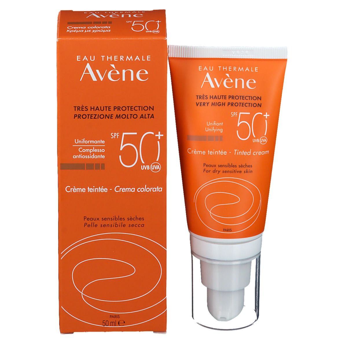 Confezione del prodotto: tubo e scatola. Scritta: Eau Thermale Avène, crema colorata SPF 50+.