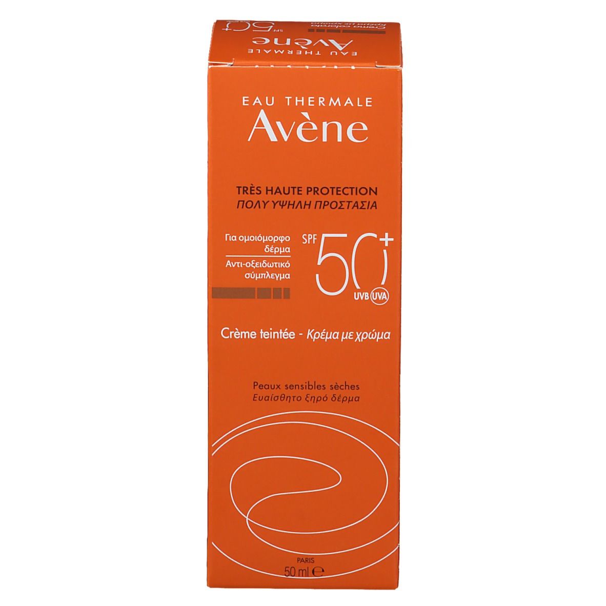 Confezione del prodotto: scatola. Scritta: Eau Thermale Avène, crema colorata SPF 50+.