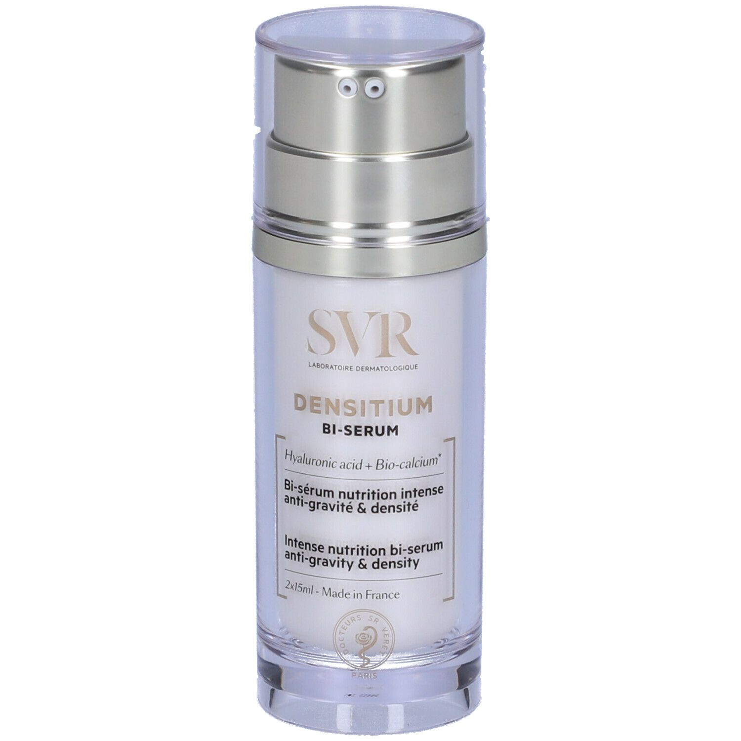 Flacone di SVR Densitium Bi-Serum. Flacone trasparente con erogatore argentato. Scritta: Densitium Bi-Serum, Acido ialuronico + Bio-calcio.