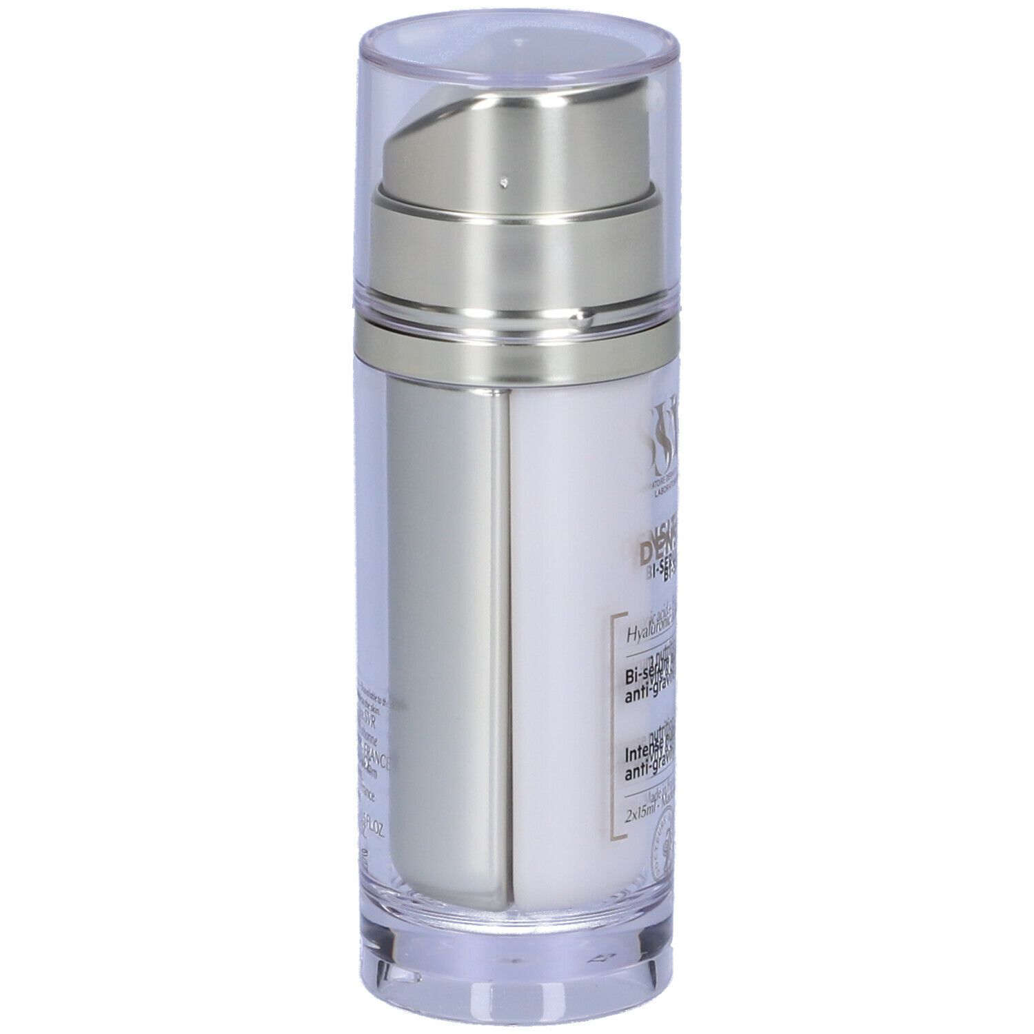 Flacone di SVR Densitium Bi-Serum. Flacone trasparente con erogatore argentato. Scritta: Densitium Bi-Serum, Acido ialuronico + Bio-calcio.
