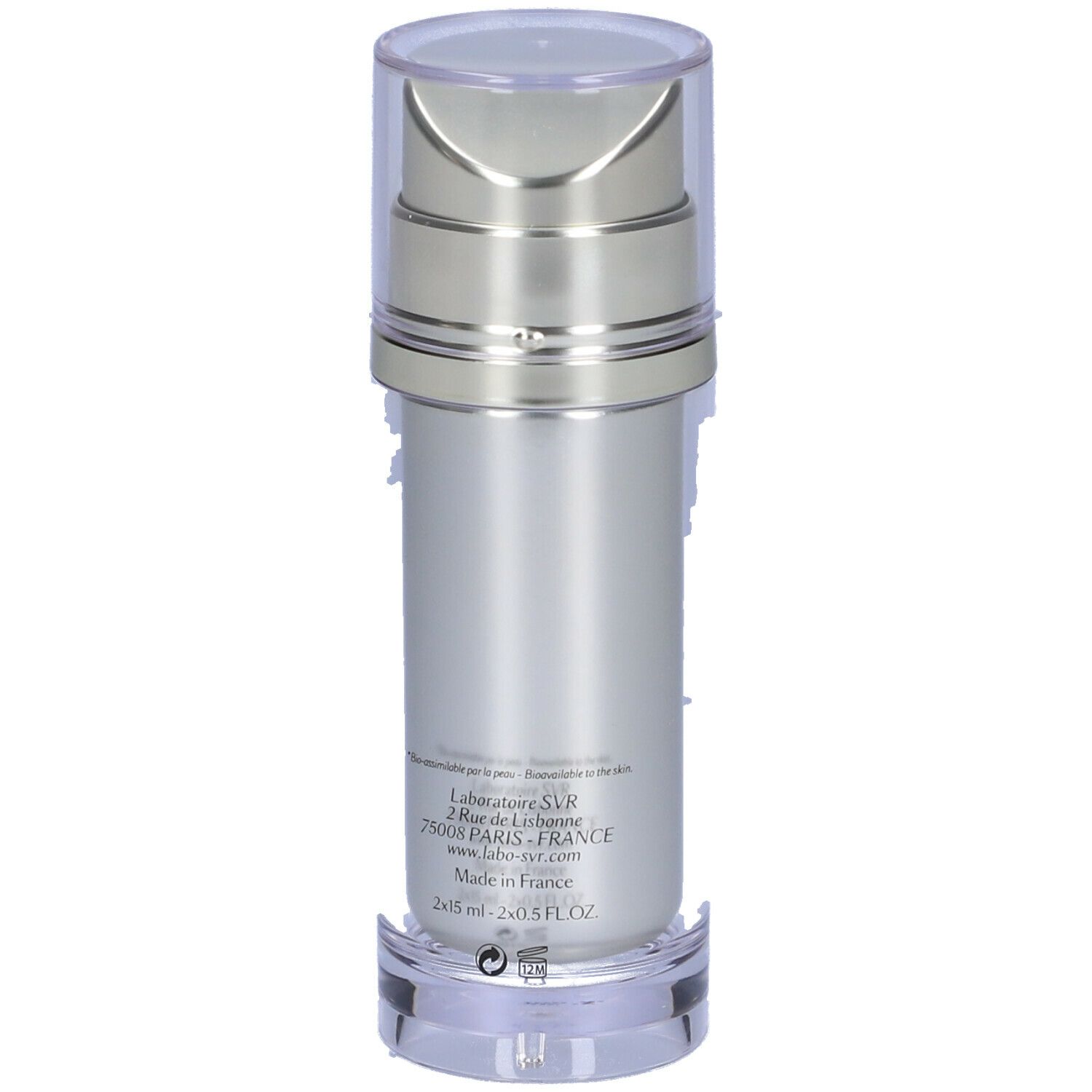 Flacone di SVR Densitium Bi-Serum. Flacone trasparente con erogatore argentato. Scritta: Densitium Bi-Serum, Acido ialuronico + Bio-calcio.