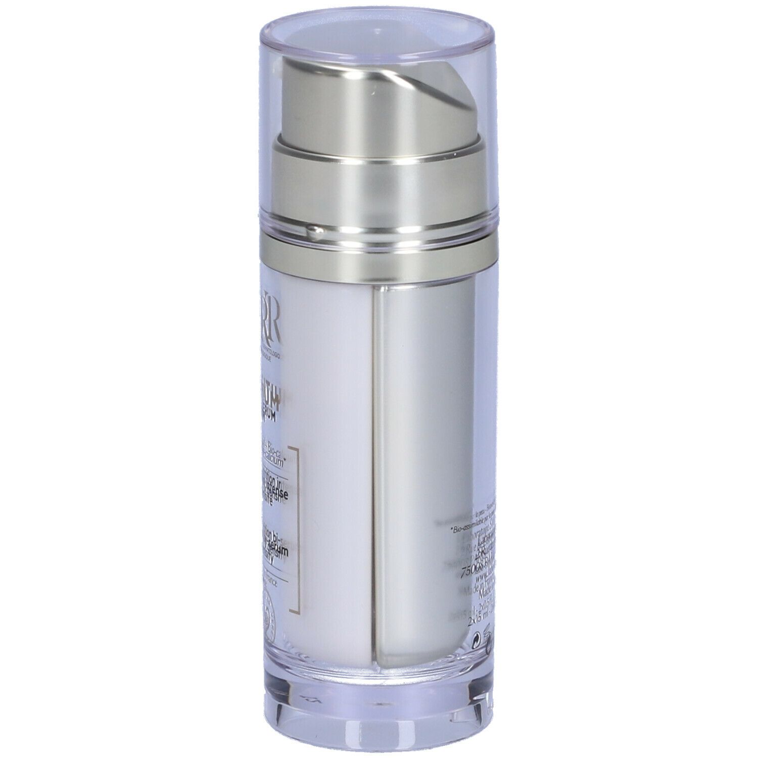 Flacone di SVR Densitium Bi-Serum. Flacone trasparente con erogatore argentato. Scritta: Densitium Bi-Serum, Acido ialuronico + Bio-calcio.