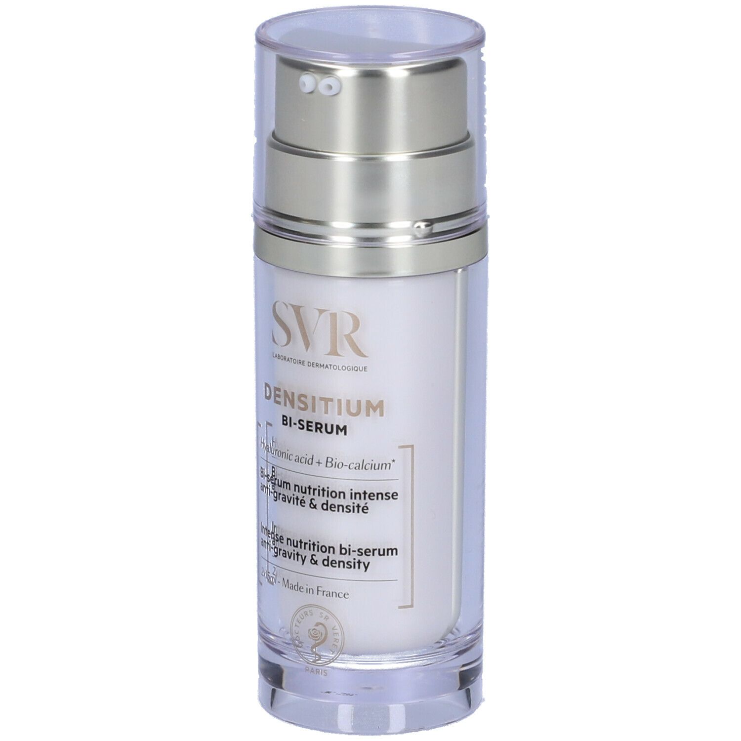 Flacone di SVR Densitium Bi-Serum. Flacone trasparente con erogatore argentato. Scritta: Densitium Bi-Serum, Acido ialuronico + Bio-calcio.
