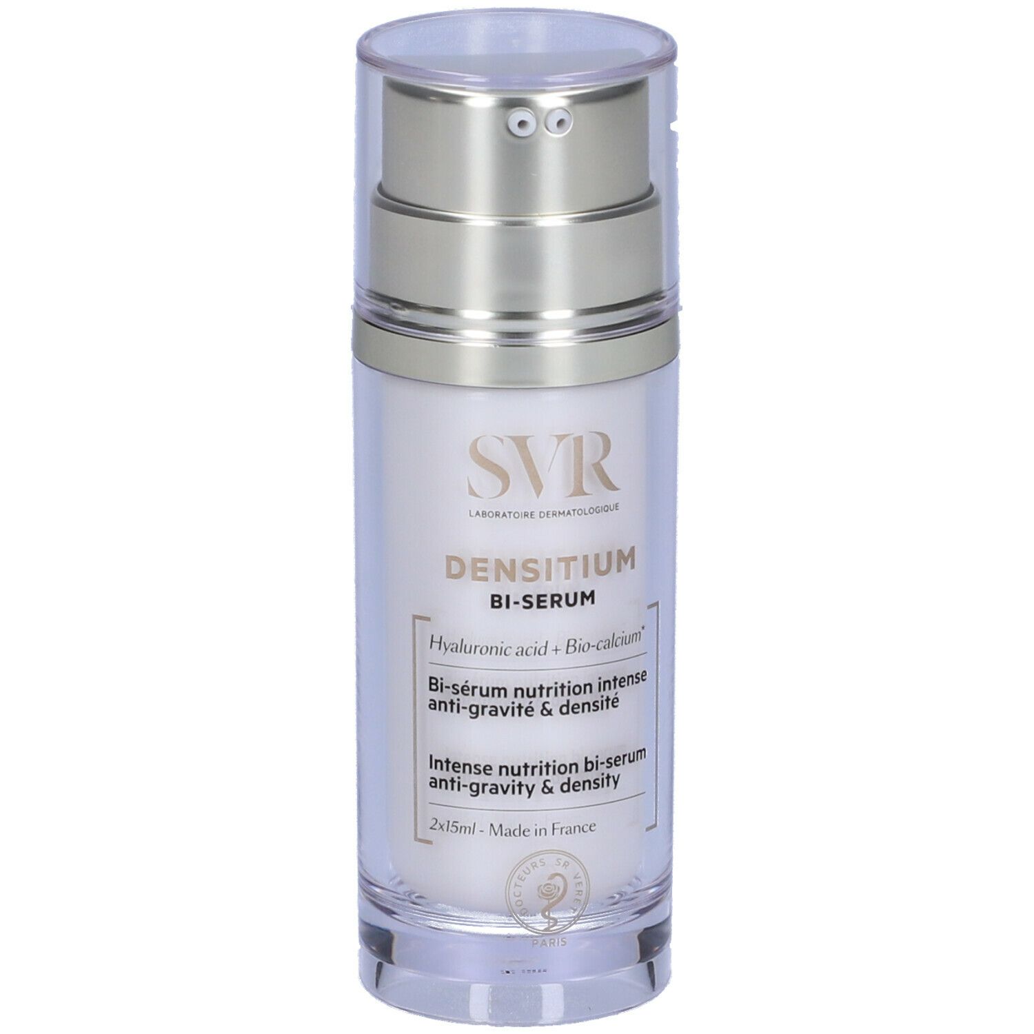 Flacone di SVR Densitium Bi-Serum. Flacone trasparente con erogatore argentato. Scritta: Densitium Bi-Serum, Acido ialuronico + Bio-calcio.