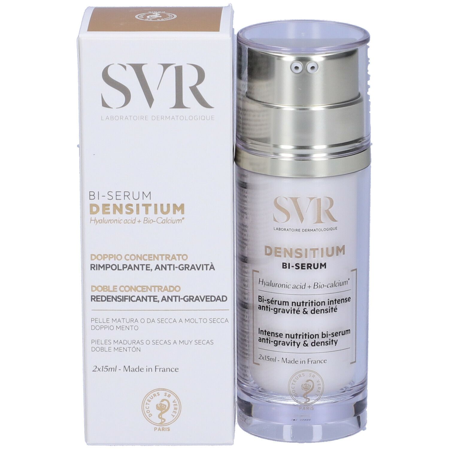 SVR Densitium Bi-Serum e confezione. Flacone e scatola. Scritta: Densitium Bi-Serum, Acido ialuronico + Bio-calcio. Scatola con nome del prodotto.