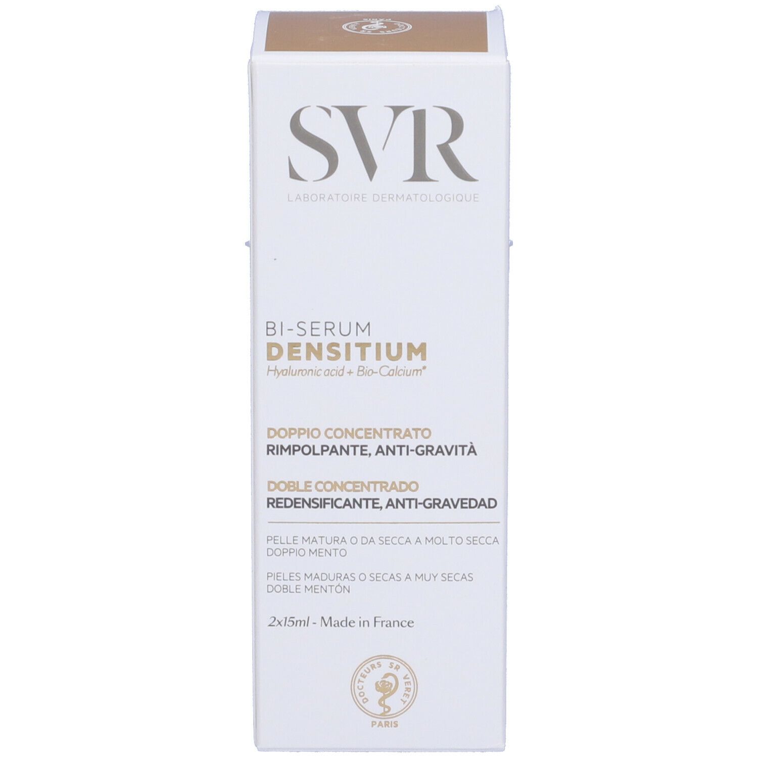 Confezione SVR Densitium Bi-Serum. Scatola bianca con nome e logo del prodotto. Scritta: Densitium Bi-Serum, Acido ialuronico + Bio-calcio.