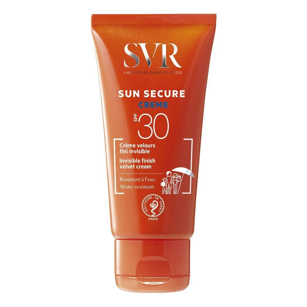 Tubo arancione SVR Sun Secure Crème SPF30. Crema vellutata finitura invisibile. Resistente all'acqua.