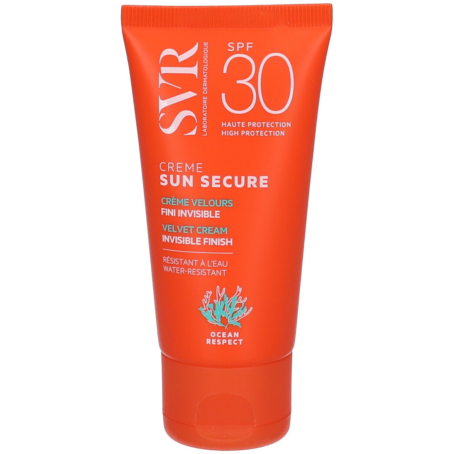 Tubo arancione SVR Sun Secure Crème SPF30. Crema vellutata finitura invisibile. Resistente all'acqua. Ocean Respect.