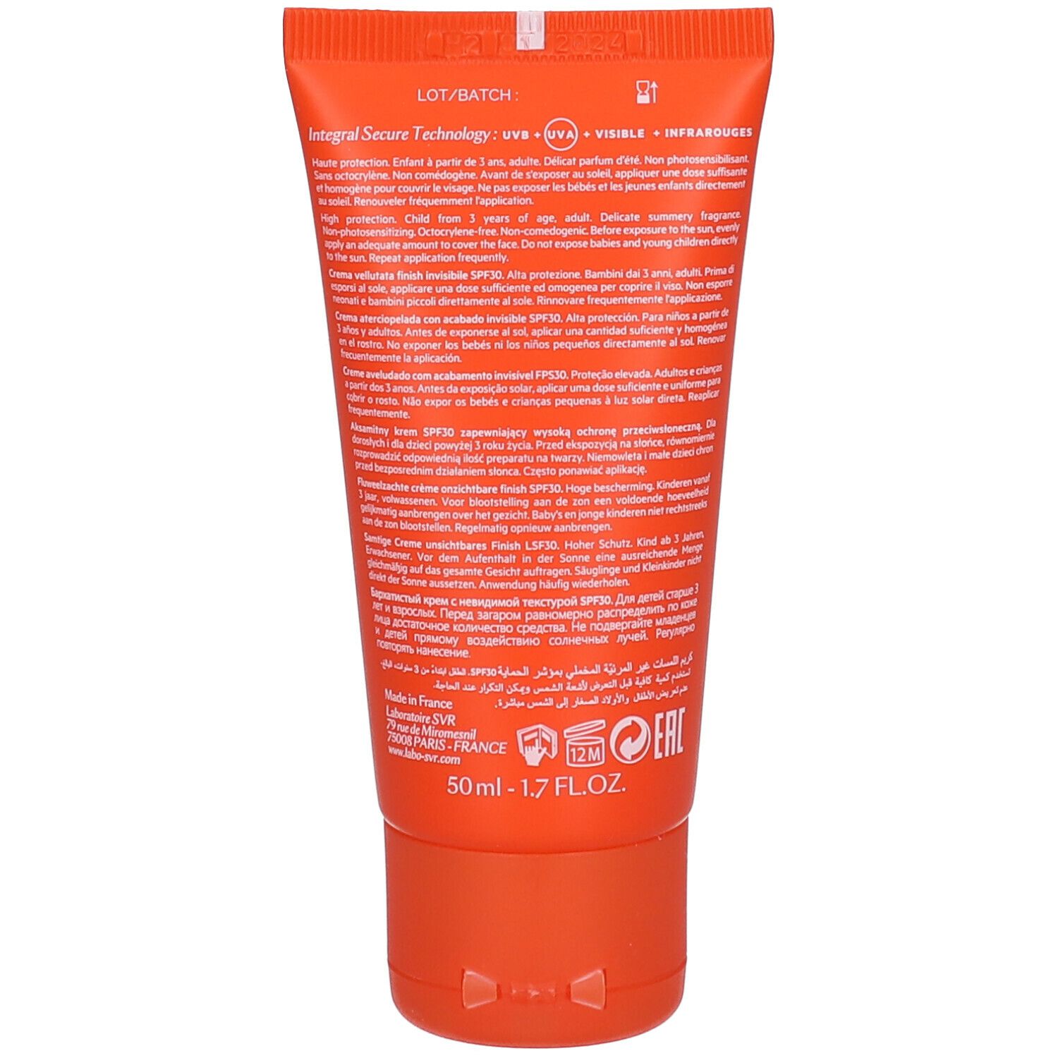 Retro del tubo arancione SVR Sun Secure Crème SPF30. Testo multilingue. 50 ml.