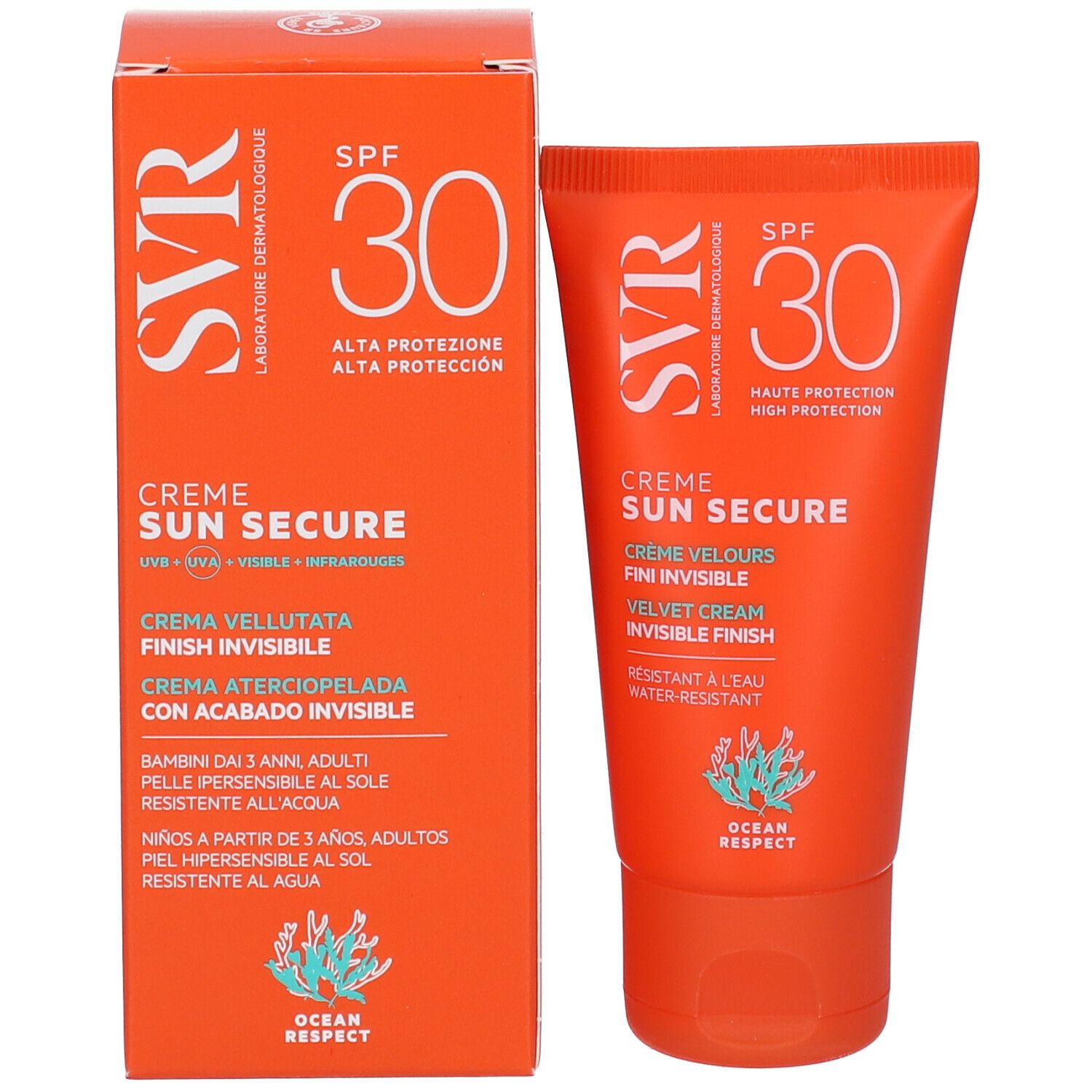 Scatola e tubo arancioni SVR Sun Secure Crème SPF30. Crema vellutata finitura invisibile. Ocean Respect.