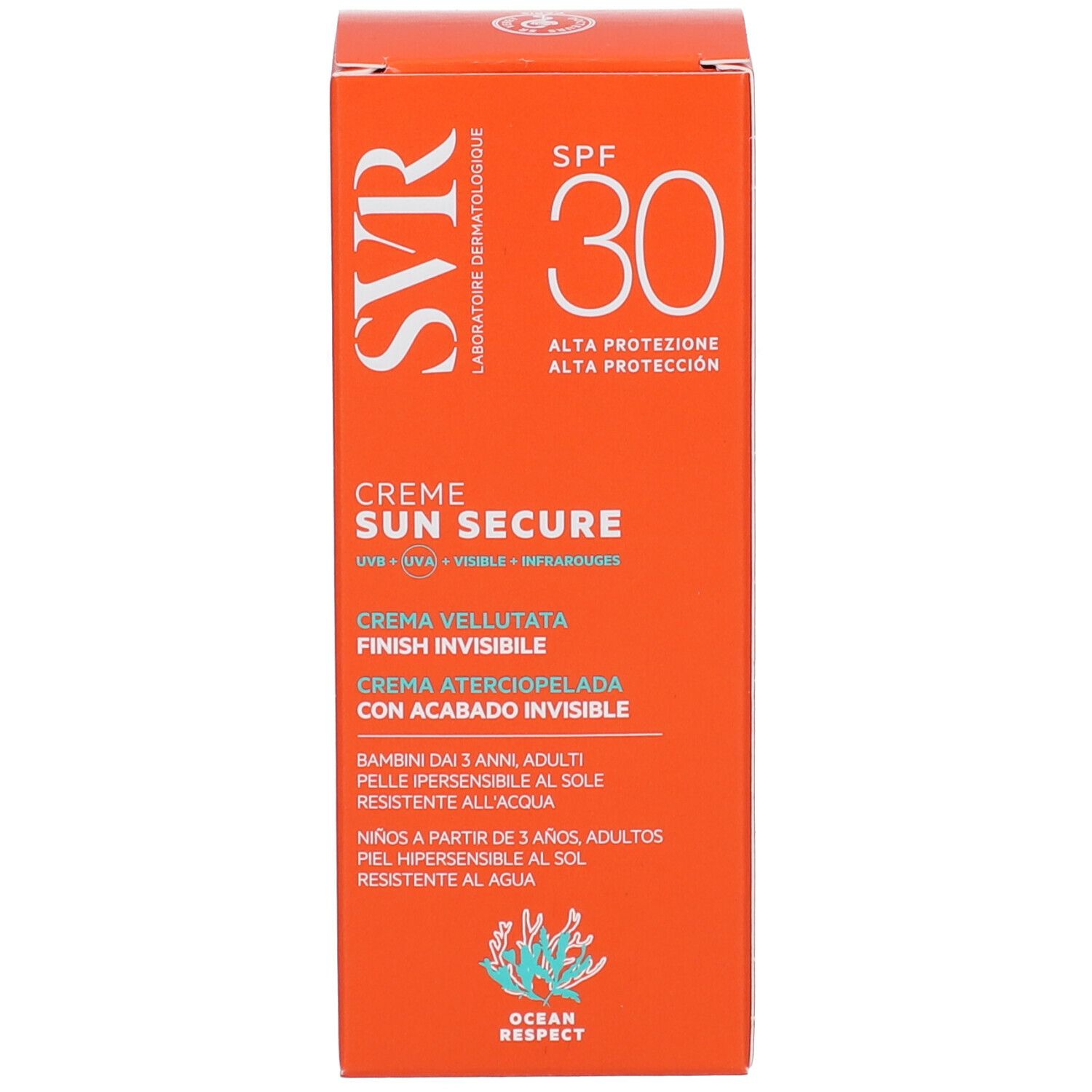 Scatola arancione SVR Sun Secure Crème SPF30. Crema vellutata finitura invisibile. Ocean Respect.