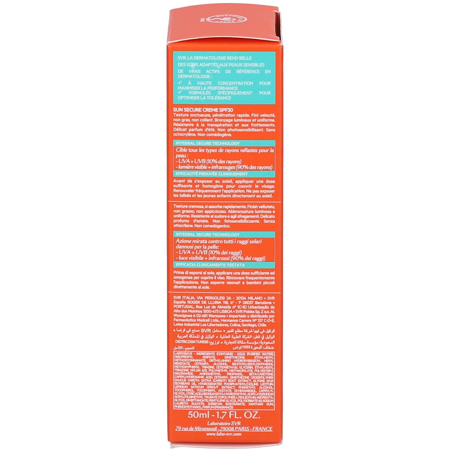 Lato della scatola arancione SVR Sun Secure Crème SPF30. Testo multilingue.
