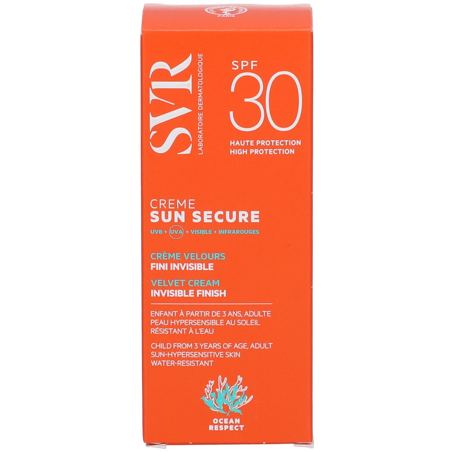 Fronte della scatola arancione SVR Sun Secure Crème SPF30. Crema vellutata finitura invisibile. Ocean Respect.