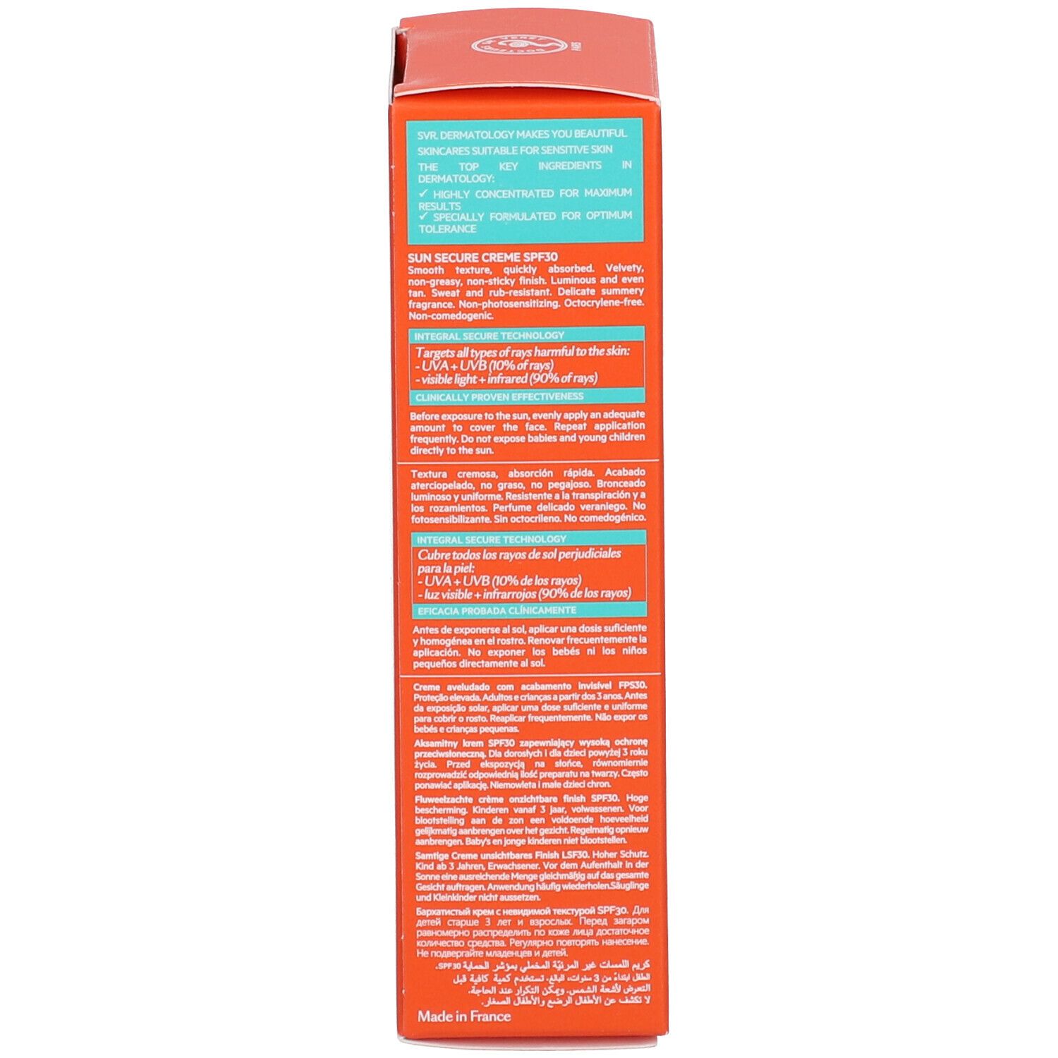 Lato della scatola arancione SVR Sun Secure Crème SPF30. Testo multilingue.