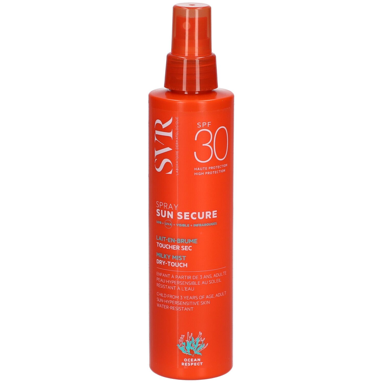 Flacone spray arancione SVR Sun Secure SPF30. Testo: Dry-Touch, alta protezione. Con erogatore spray.