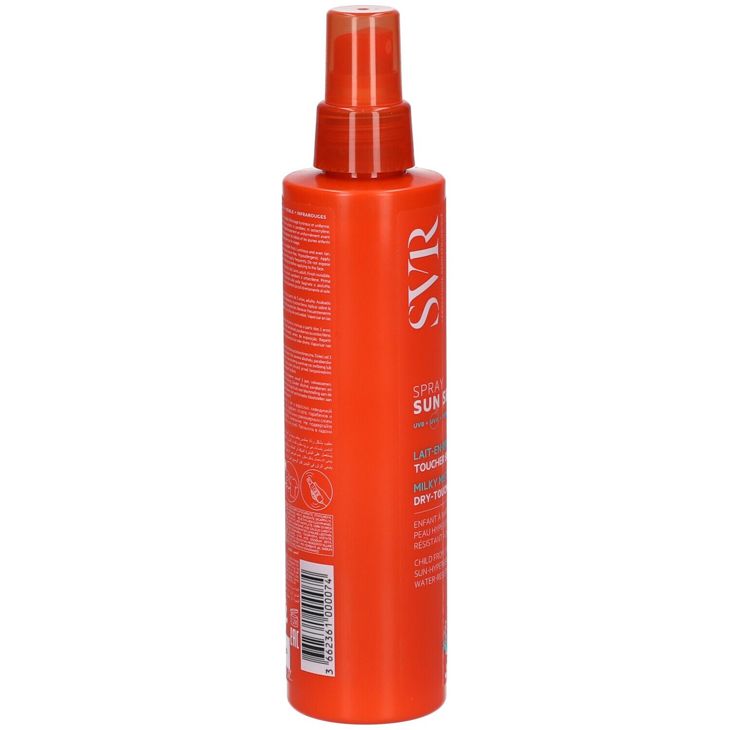 Retro del flacone spray arancione SVR Sun Secure. Testo e informazioni sull'uso.
