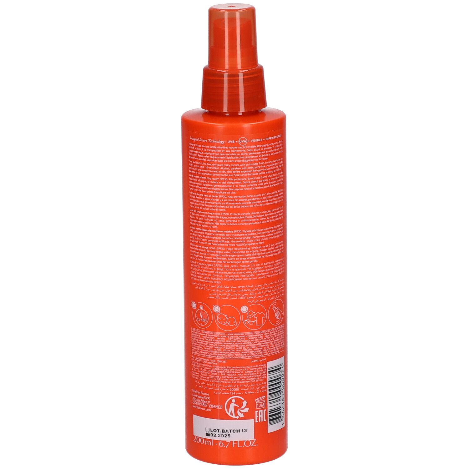 Retro del flacone spray arancione SVR Sun Secure. Testo e informazioni sull'uso.