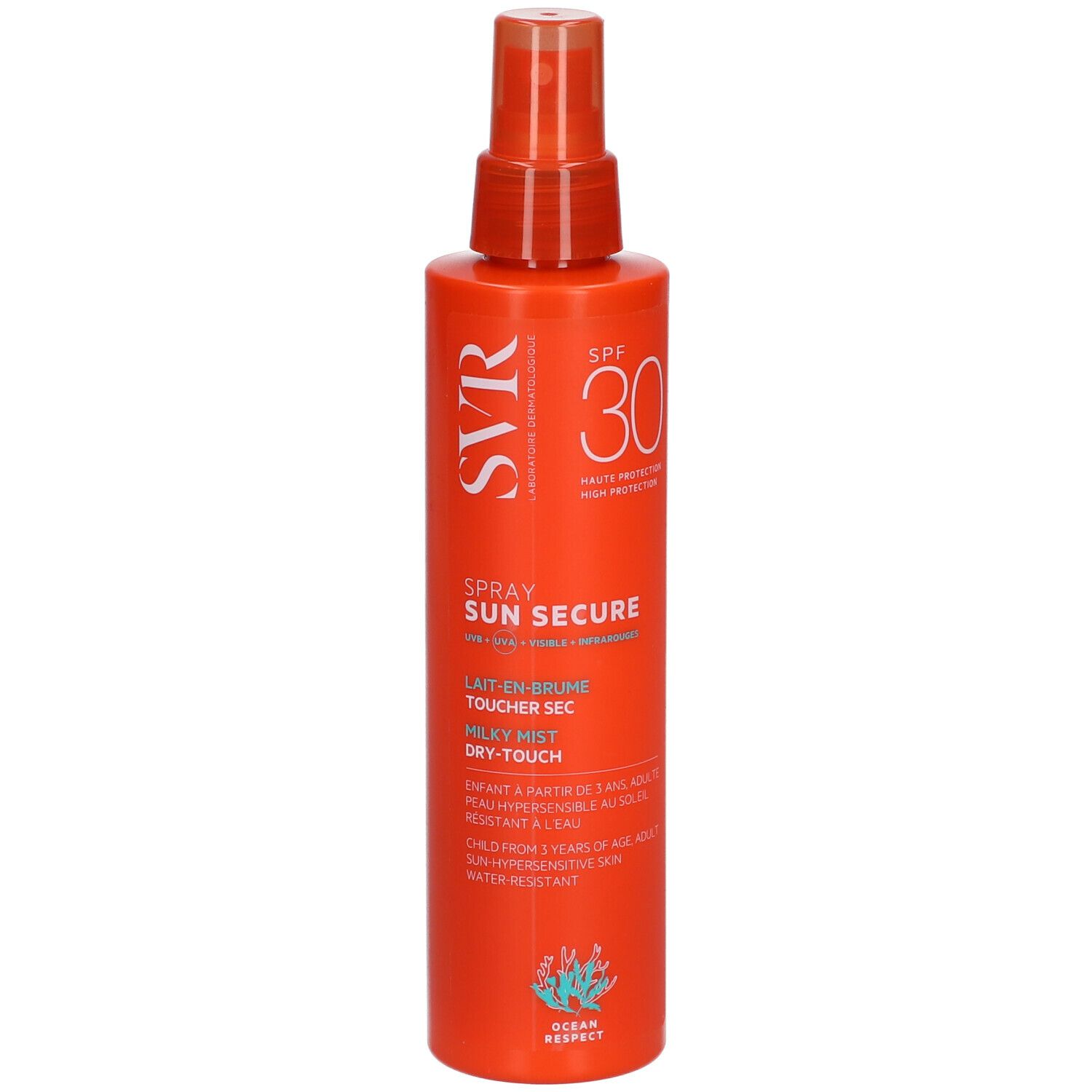 Flacone spray arancione SVR Sun Secure SPF30. Testo: Dry-Touch, alta protezione. Con erogatore spray.