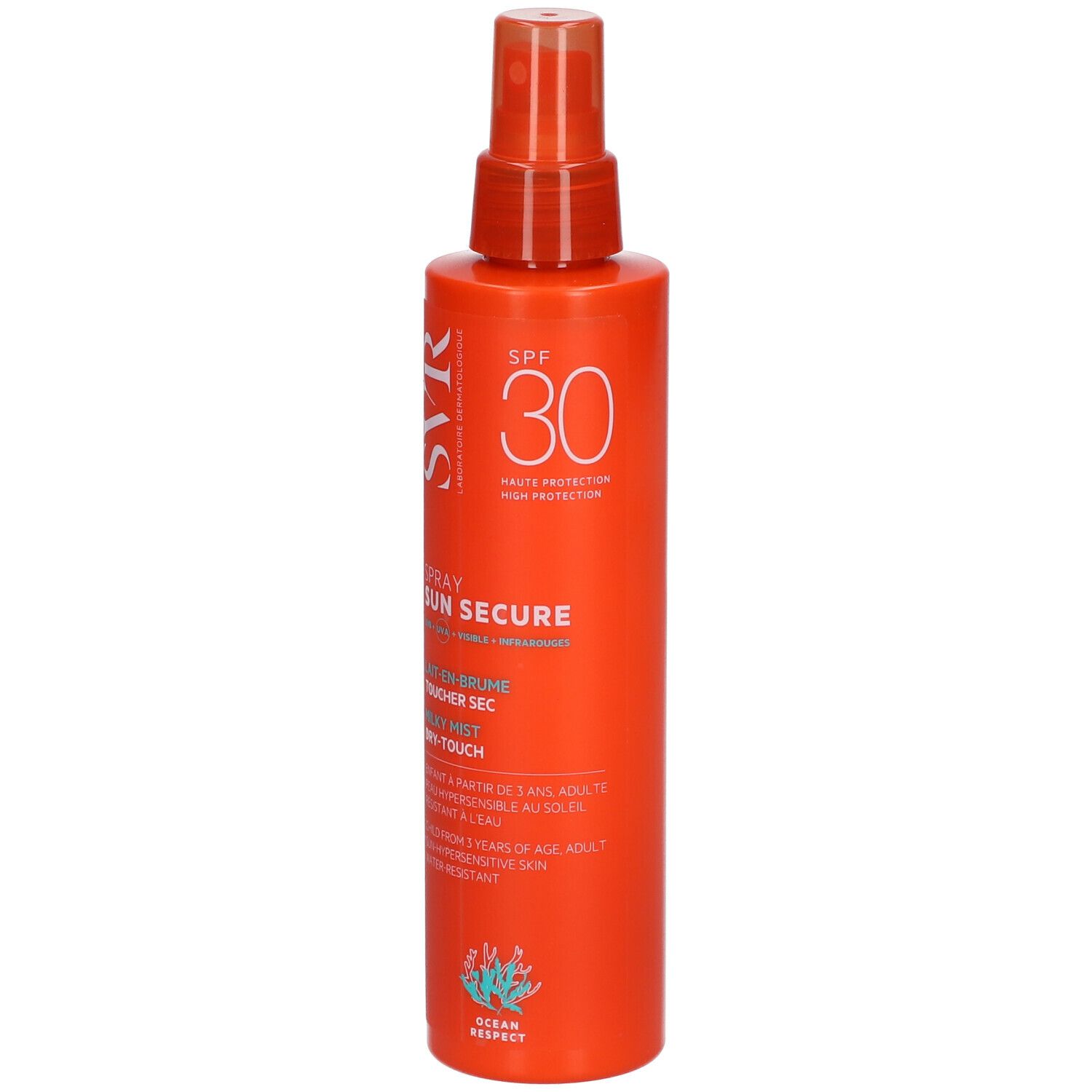 Flacone spray arancione SVR Sun Secure SPF30. Testo: Dry-Touch, alta protezione. Con erogatore spray.