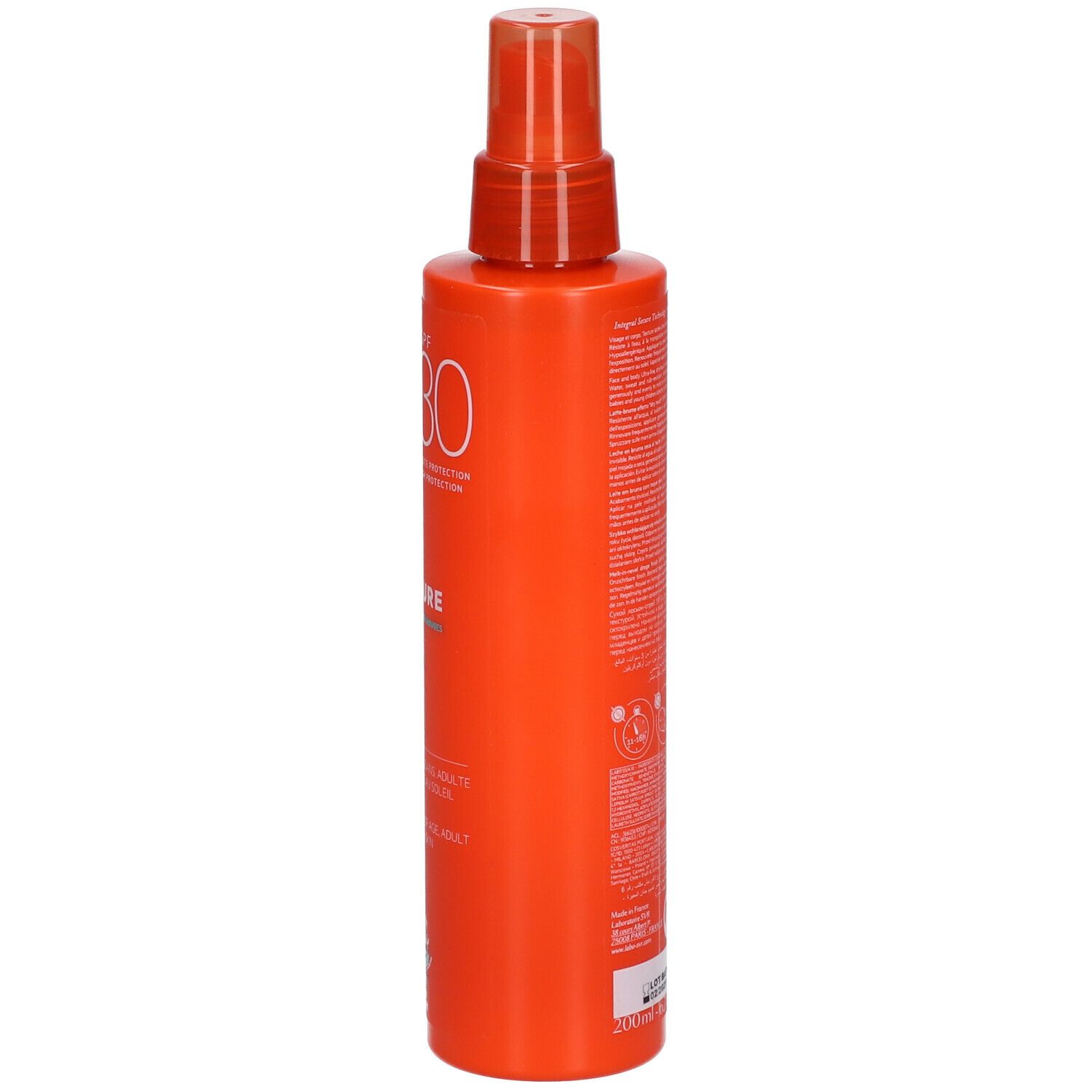 Retro del flacone spray arancione SVR Sun Secure. Testo e informazioni sull'uso.