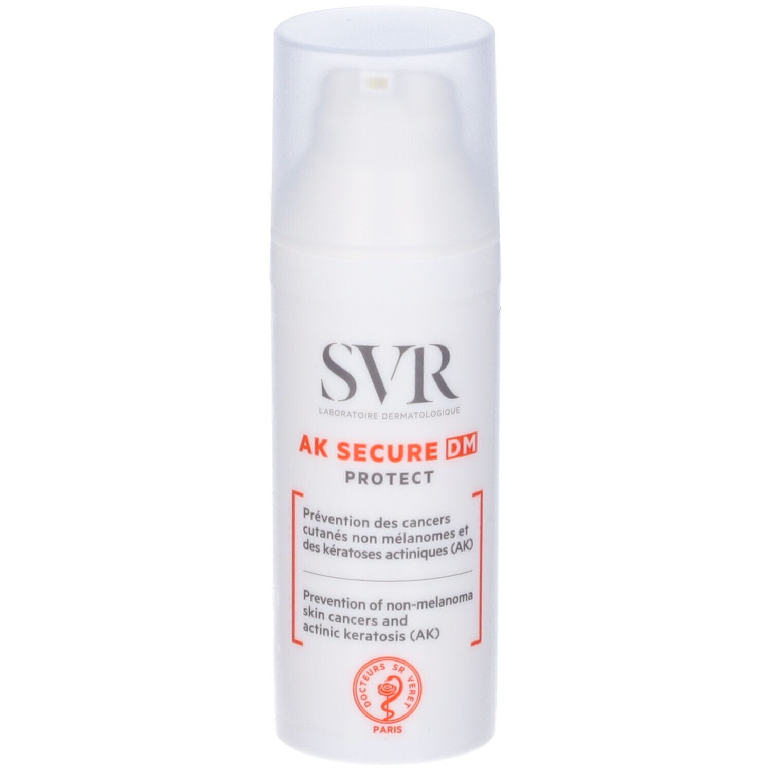 Flacone bianco con dosatore. Scritte: SVR, AK SECURE DM PROTECT. Testo in francese e inglese.