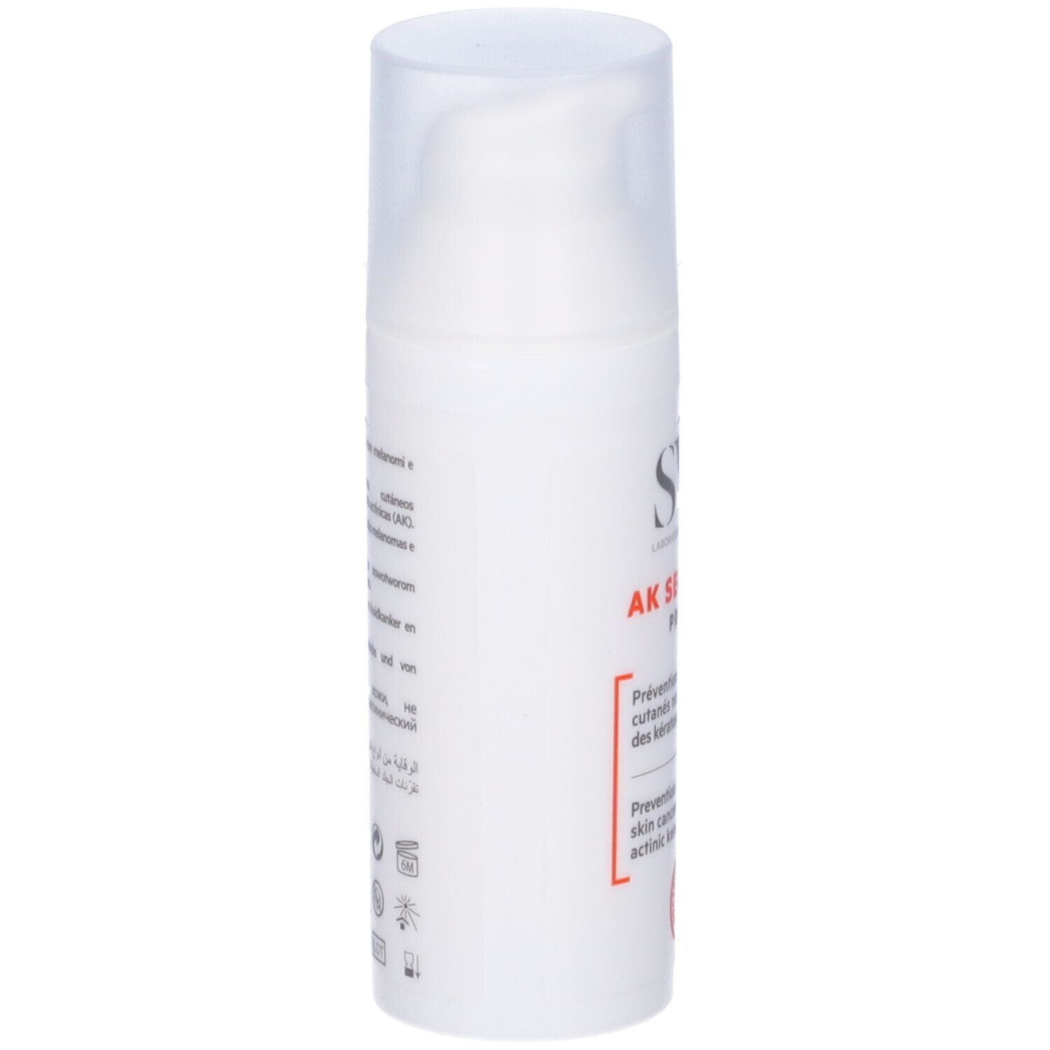 Flacone bianco con dosatore. Scritte: SVR, AK SECURE DM PROTECT. Testo in francese e inglese.