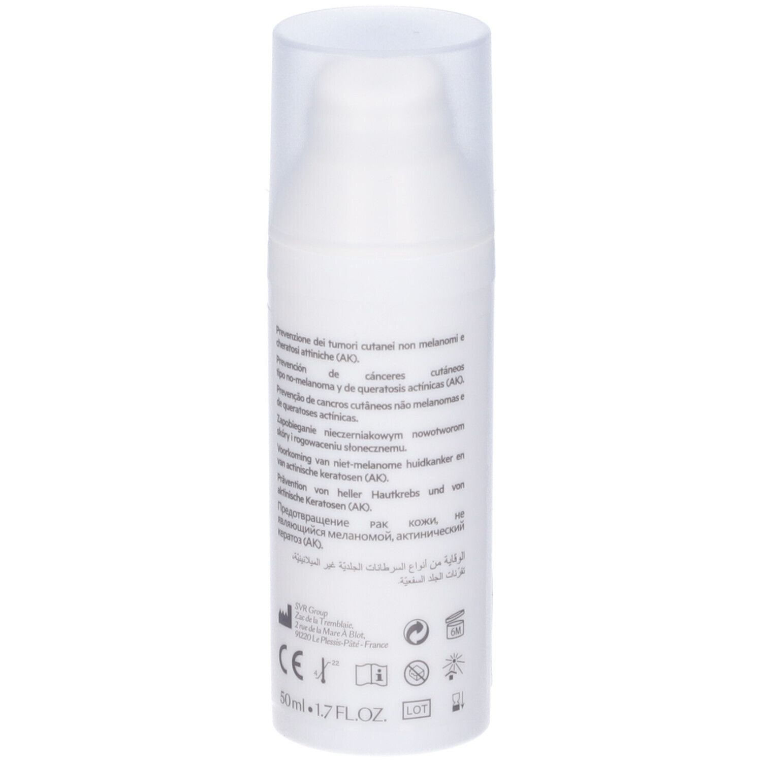 Flacone bianco con dosatore. Scritte: SVR, AK SECURE DM PROTECT. Testo in francese e inglese.
