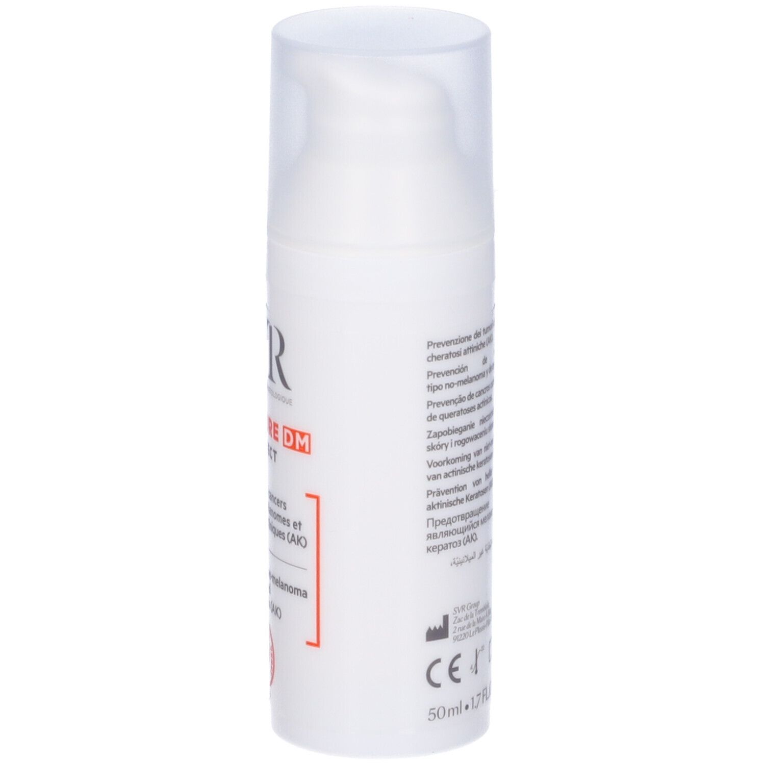 Flacone bianco con dosatore. Scritte: SVR, AK SECURE DM PROTECT. Testo in francese e inglese.