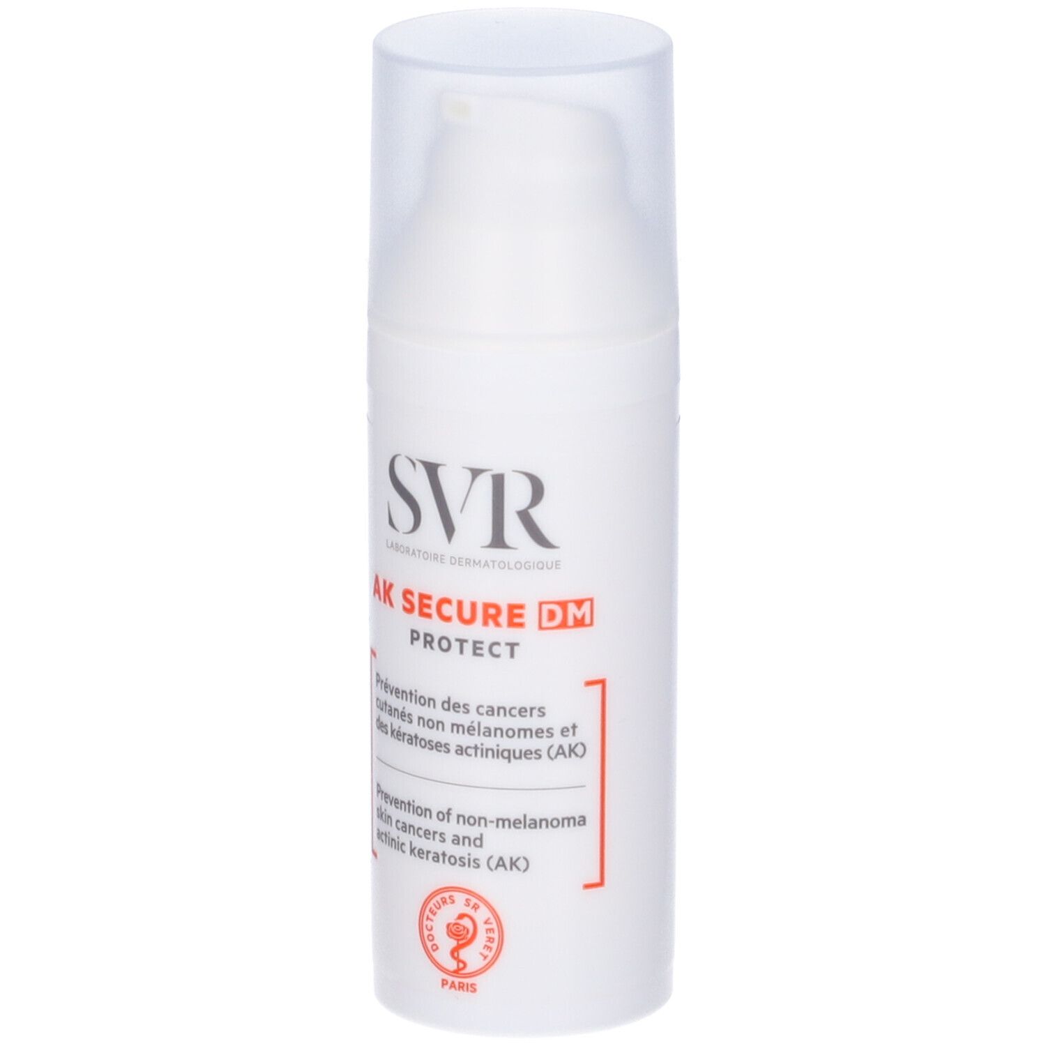 Flacone bianco con dosatore. Scritte: SVR, AK SECURE DM PROTECT. Testo in francese e inglese.