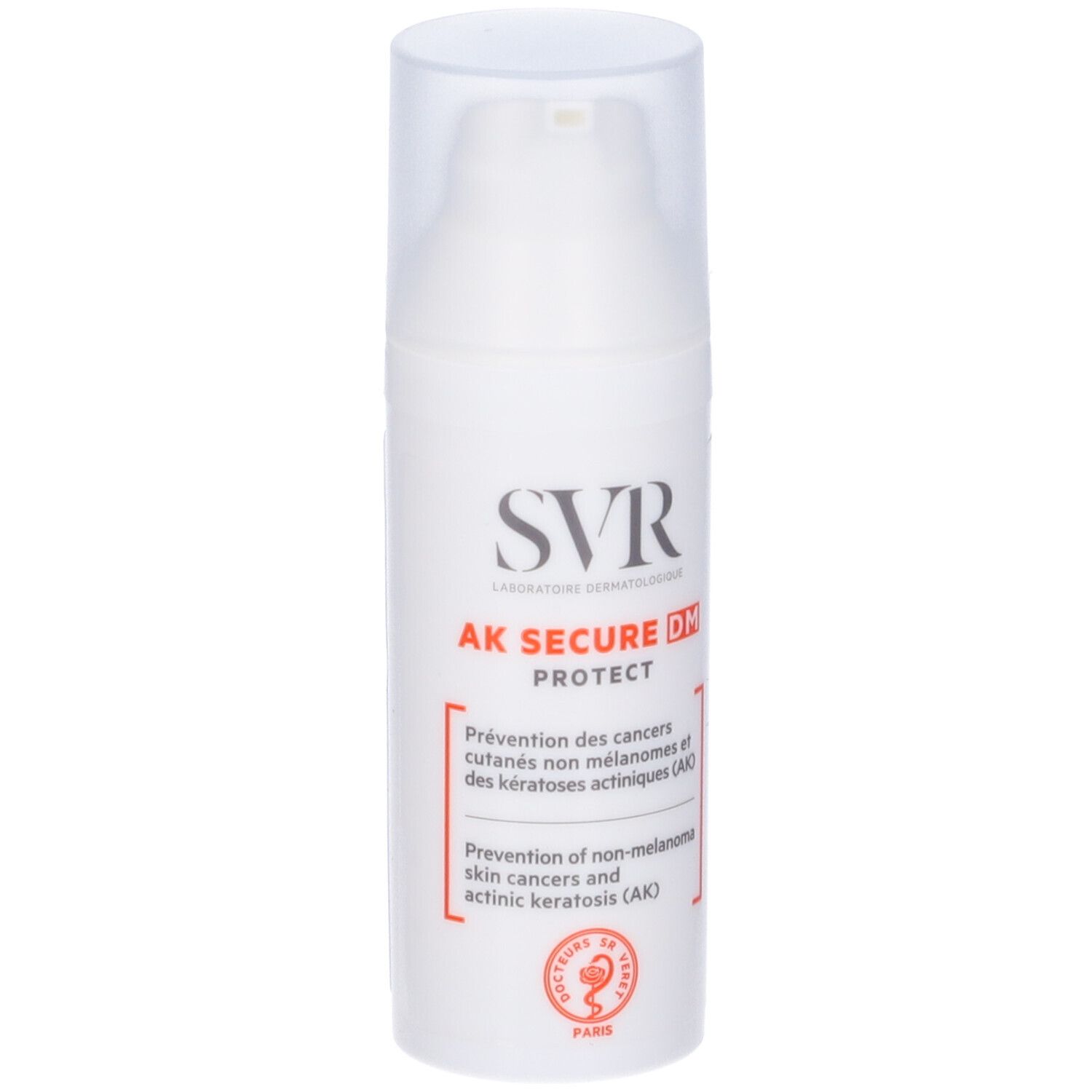 Flacone bianco con dosatore. Scritte: SVR, AK SECURE DM PROTECT. Testo in francese e inglese.