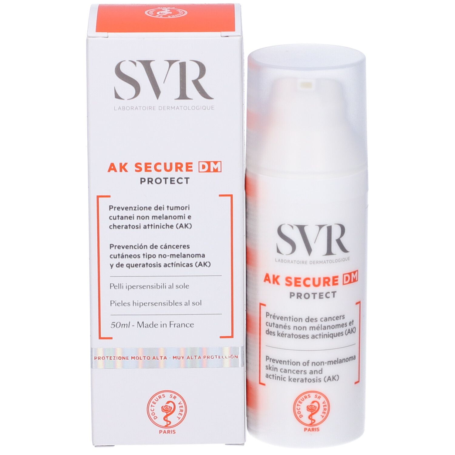 Confezione del prodotto: flacone e scatola. Scritte: SVR, AK SECURE DM PROTECT. Testo multilingue.